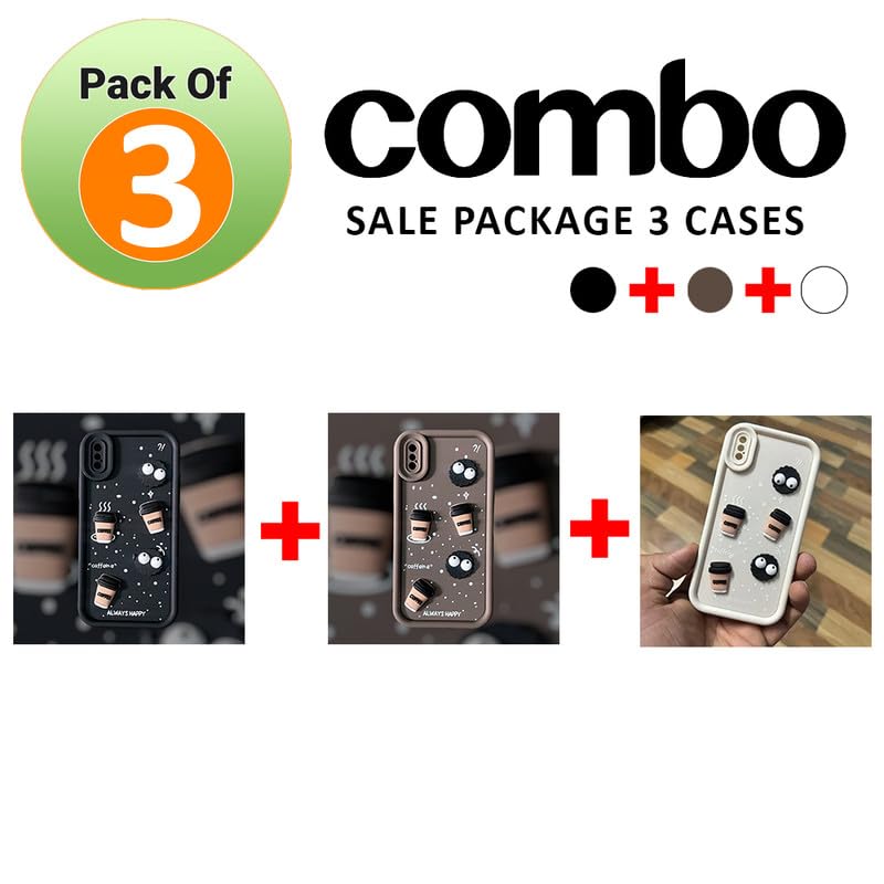 Image of Back Case Cover Compatible for iPhone Xs | Pack of 3 Combo Black & Brown Case | Cute Fun Cartoon 3D Ball Coffee Silicone Case | Body Protection | Camera Protection | Shock Proof