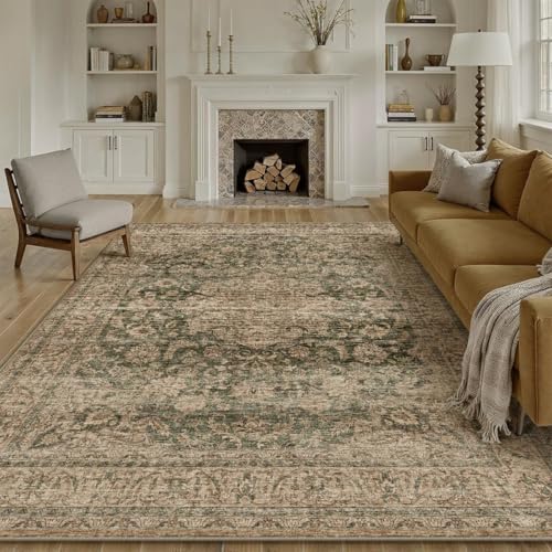 8x10 Washable Green Vintage Area Rug for Living Room Bedroom Large Traditional Low Pile Soft Carpet Non-Slip Thin Retro Distressed Accent Throw Rug for Dining Room Office Kitchen Indoor