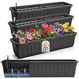 Hausfelder Balkonkasten mit Wasserspeicher 80 cm, 4er Set Blumenkasten mit Bewässerungssystem, Anthrazit Pflanzkasten für Balkon 80x22x18 cm