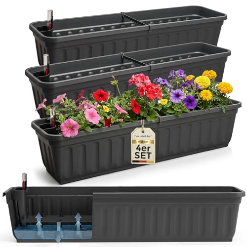 Hausfelder Balkonkasten mit Wasserspeicher 80 cm, 4er Set Blumenkasten mit Bewässerungssystem, Anthrazit Pflanzkasten für Balkon 80x22x18 cm