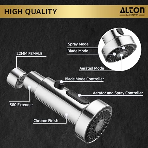 Image of ALTON ALD865, ABS, 3-Function, Tap Extender for Kitchen Sink, Chrome | 360 Degree Rotation, Kitchen Faucet Sprayer, Fits F22, M24 mm taps and Pull-Down Sprayer
