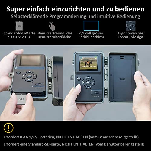 GardePro A3S Wildkamera 64MP 1296P H.264 Video Wildtierkamera mit Klarer 30m No Glow Infrarot, 0.1s...