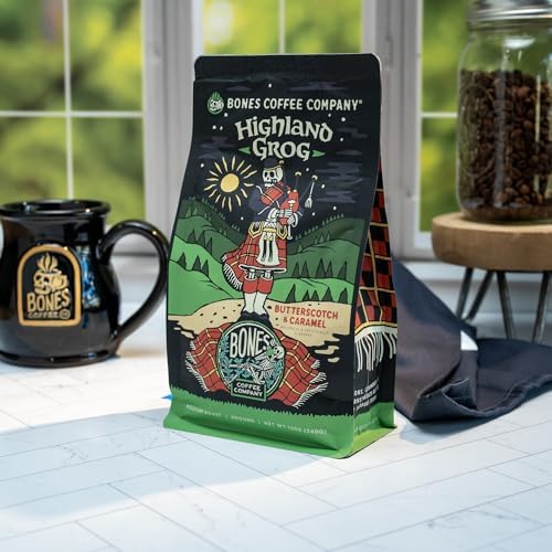 Bones Coffee Company Highland Grog, Butterscotch Caramel Flavored Coffee, Medium Roast Low Acid Arabica Beans Compatible with Auto drip and French Press Coffee Maker, 12 Oz Ground - 3