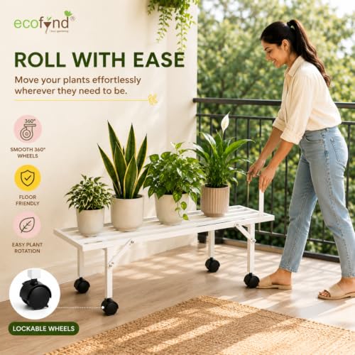 Image of ecofynd Scot 35 Inch Plant Stand with Wheels for Outdoor Balcony, Flower Pot Stand for Indoor Plants, Metal Plant Stand for Living Room, Home decor, Indoor & Outdoor plants, 1 Tier (2 Pack, PS051-WHT)