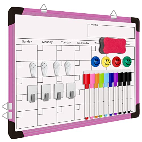 Dry Erase Calendar Whiteboard for Wall, 16" X 12" Magnetic White Board Dry Erase Calendar, Portable Hanging Dry Erase Board Framed Planner Memo Whiteboard Back to School Gift for Kid Student (Pink)