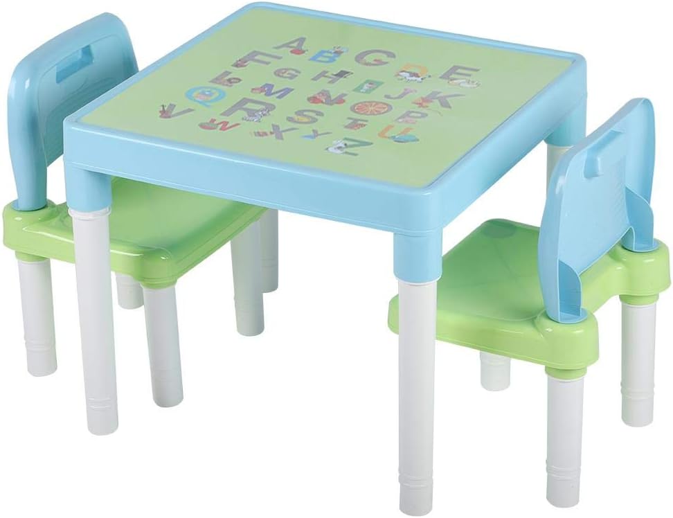 Super Cheap 🛒 Ejoyous Childrens Kids Plastic Table and 2 Chairs Set, 3 Pc Table & Chair Set Learning Studying Desk Lightweight for Home Kindergarten(Blue Green + Letter Foil)