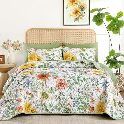 Yiran Floral Quilt Set King Size, Sage Green Sunflower Colorful