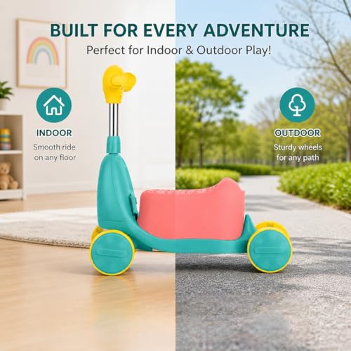 Image of ZIVY Orry Rider 2in1 Kids Scooter & Ride-On Toy Car | Convertible Stand & Drive Scooter | Extra-Wide Comfort Seat, Stainless Steel Stem, Easy Steering & Smooth Wheels for Indoor /Outdoor (Cyan)