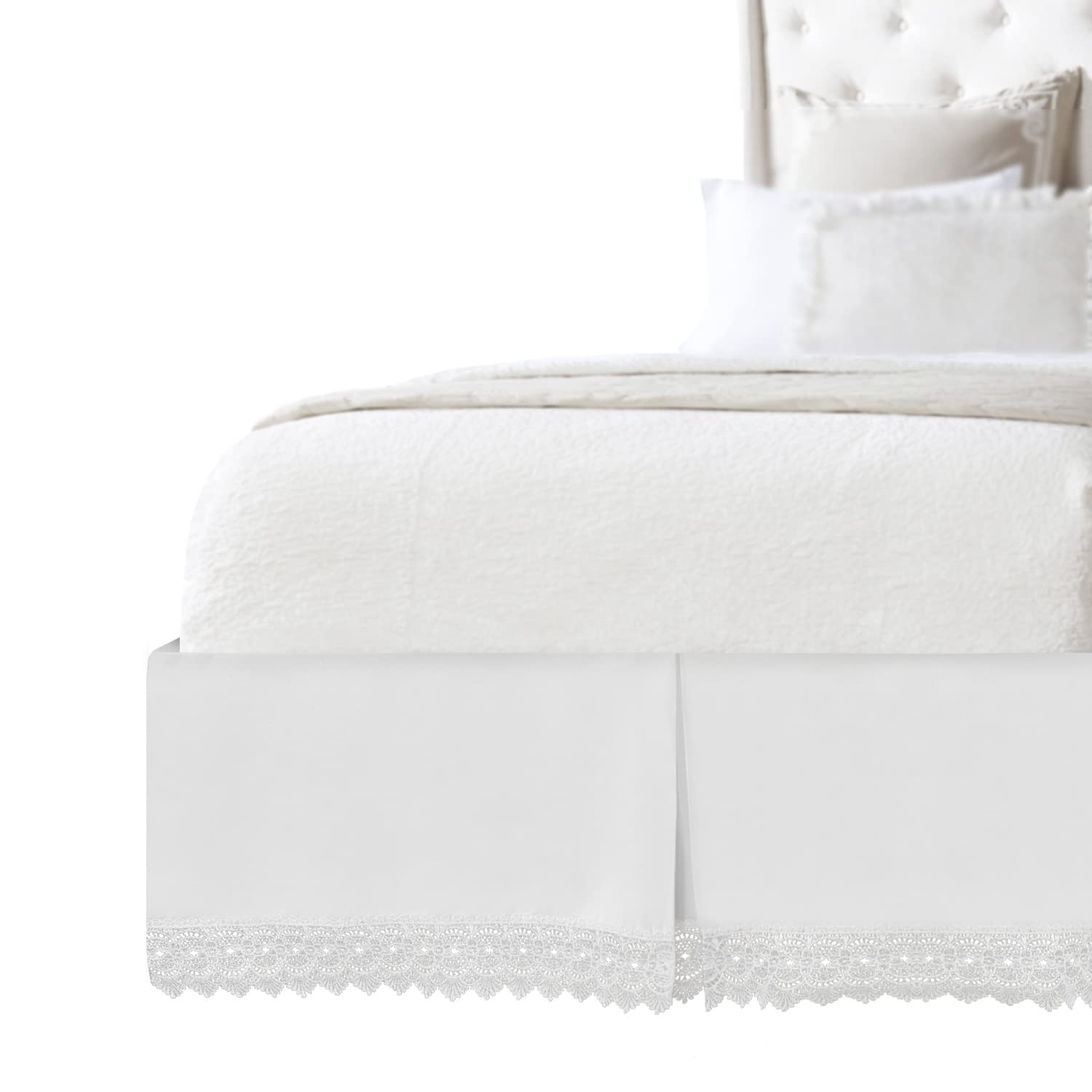 Elegant Comfort Narina Collection Lace Bed Skirt 15inch Drop, 1500 Thread Count Egyptian Quality, Sophisticated Design for a Vintage Look- Easy Care and Wrinkle Resistant, Lace Bedskirt, Queen, White