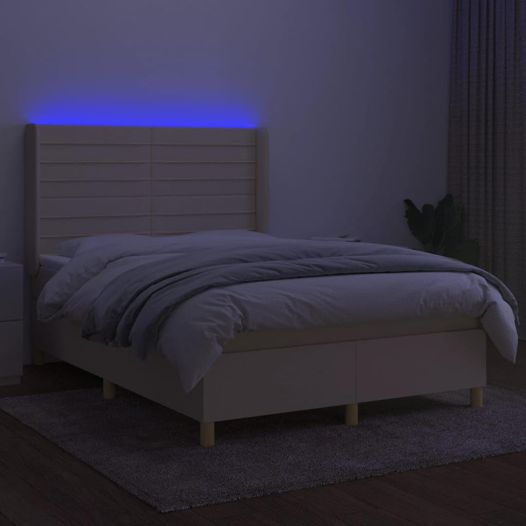 Tkanina LED regulowany zagłówek 140x190 Kremowy | Łóżko kontynentalne z materacem 140x190 cm kremowe tkanina LED sprężynowe z zagłówkiem