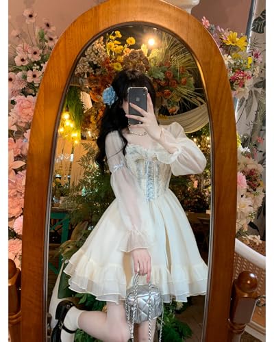 Sweet High Waist Casual Ruffle Long Sleeve Floral Dress Lace Bow Pleated Swing Hem Cute Dresses Princess Party Dress3