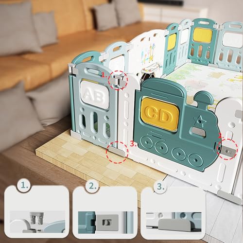 Image of Dawnwake Assembly-Free 14 Panel Playard, Baby Playpen Fence with Crawling Mat and Football for Baby Upto 8 Years with Safety Locking Door & Drawing Board (150x150cm, Foldable) -Green