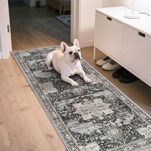 2x6 Hallway Washable Runner Rug - Boho Rugs for Living Room Stain Resistant Carpet Vintage Tribal Rugs for Bedroom Kitchen Non Slip Backing Home Decor Floor Decoration Mat 2X6 Black