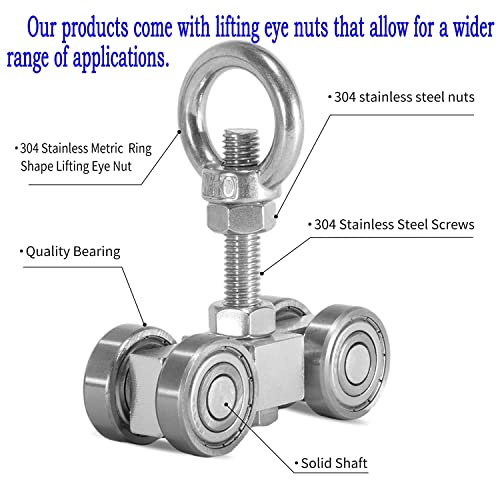 Sktrex 4 Wheel Silent Trolley Assembly Rollers Four Bearing Trolley Assembly For 1-5/8" Wide And All 1-5/8" Or Taller Unistrut Strut Channel With M10 Bolt And Lifting Eye Nuts #TOP4