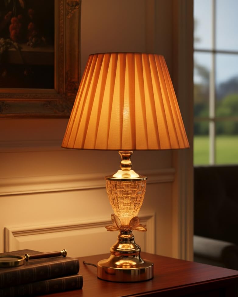 ELARE Crystal Stand Table Lamp, Modern Bedside Lamp with Gold Fabric Shade, Decorative Night Lamp for Girls Room-image-46