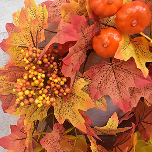 16 Inch Small Orange Pumpkins Maple Leaves Fall Wreaths for Front Door (Yellow) - image 4
