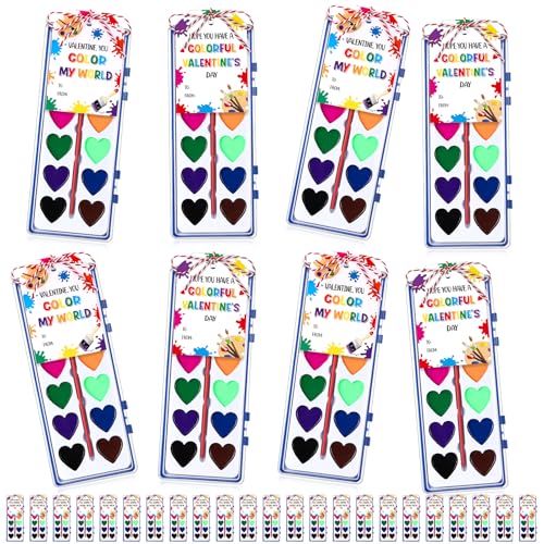 Sabary 30 Pack Valentines Day Watercolor Paint Sets Gifts Washable Watercolor Paintings with Card and 20 Meters Red Rope for Art Gifts Exchange Bulk by Sabary - Used condition - US$26.95