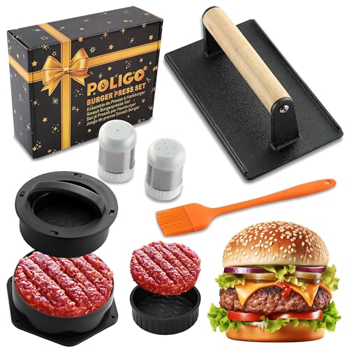 POLIGO 5PCS Smash Burger Press Kit - 4 in 1 Hamburger Patty Storage Containers,7.68'X4.1' Rectangle Cast Iron Smash Bacon Press- Non Stick Smash Burger Press Set for Grill and Griddle Cooking