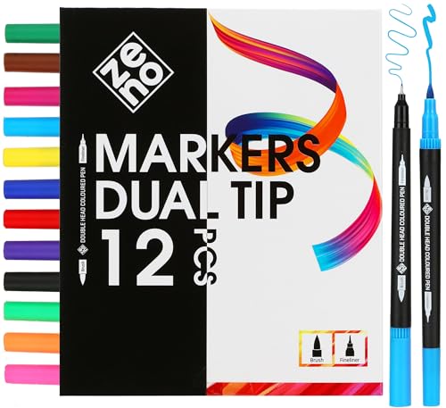 Set Pennarelli ZENO 12 Doppia Punta con Confezione Cartone – Pennarelli Professionali per Adulti, Disegno e Colori – Marker Punta Fine e Punta Pennello, Brush Pen per Artisti, Libri da Colorare, Manga