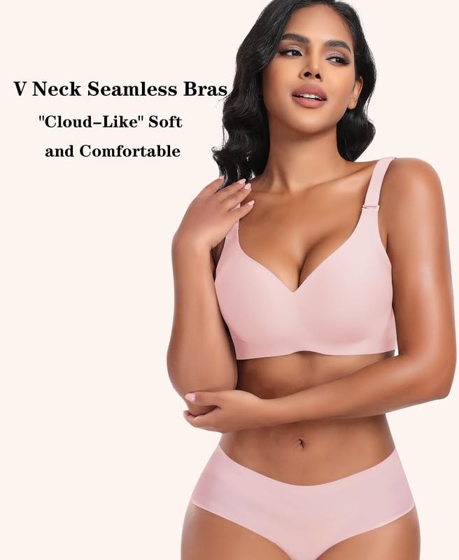 Image of DOCUMO Wireless Bras for Women No Underwire Seamless Push Up Bras with Support and Lift, V Neck Bralette with Bra Extender