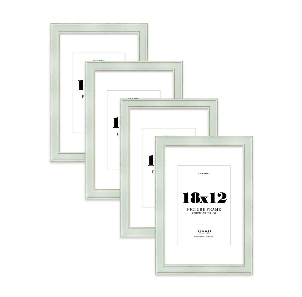 18x12" Sage Green Picture Frame with 12x8" Mount - Shabby Chic Photo Frame with Distressed Finish, Gold Trim, Wall Hooks, 37mm Edge - 4 Pack