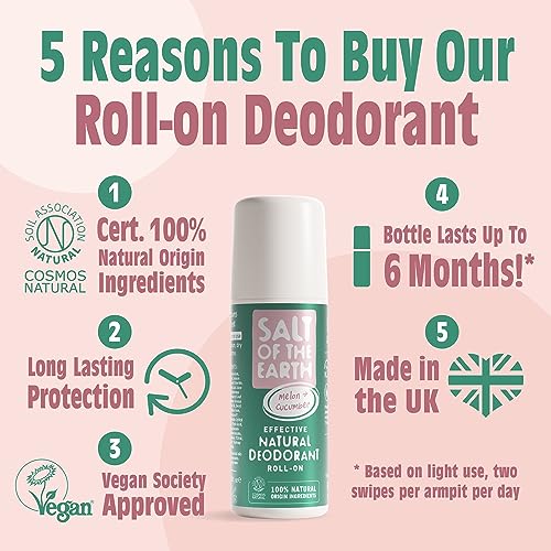 Salt of the Earth Natural Deodorant Roll On Melon & Cucumber - 100% Natural Ingredients, Effective Protection, Vegan & Cruelty Free. Suitable for Women, Men & Kids - 75ml - Image 3