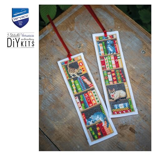 Image of Vervaco Bookmark Counted Cross Stitch kit Cats in Bookshelf Set of 3, 6x20cm, DIY