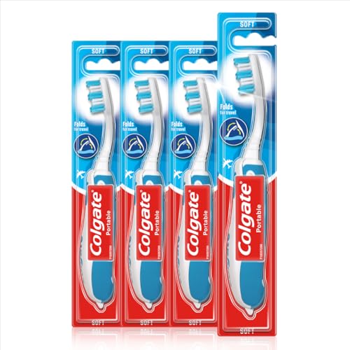 Colgate Cepillo de dientes portátil, cepillo de dientes plegable para viajes, cepillo de dientes para adultos con cerdas suaves, paquete múltiple de 4 unidades