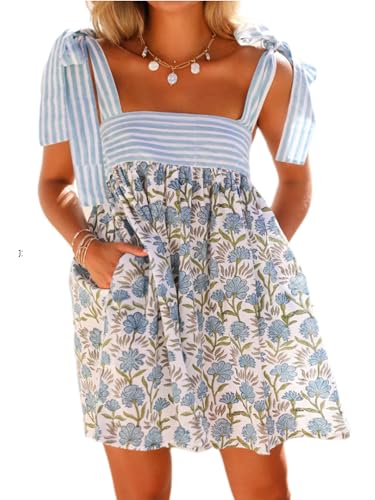 Acrawnni Kurzes Cami-Minikleid für Damen, ärmellos, offener Rücken, Schnürung an der Schulter, florales kurzes Kleid mit 2 Taschen, A-Blau, L