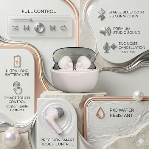 Image of Bluetooth 5.3 Wireless Earbuds with ENC Noise Cancellation, Premium Studio Sound, Smart Touch Control, Long Battery Life, Type-C Charging, Deep Bass TWS Earphones (White)