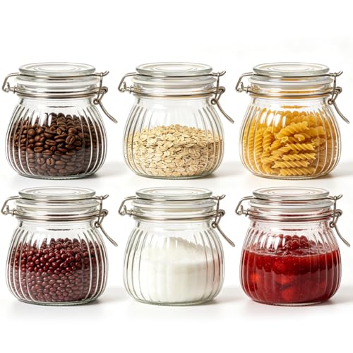 Image of ComSaf Ribbed Glass Jars with Airtight Lids 17oz 6 Pack Wide Mouth Pickling