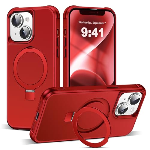 SKYLMW Compatible with iPhone 14 Plus Case with Invisible Magnetic O-Ring Stand Military-Grade Case for iPhone 14 Plus 6.7 [Compatible with Mag-Safe][Great Grip Feeling] Red