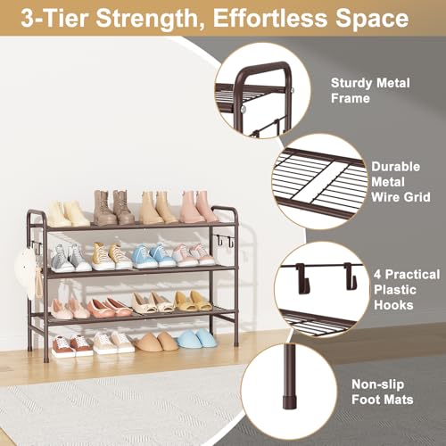 Image of VILICK 3 Tier Shoe Rack 33 inch Wide Metal Shoe Organizer Long Shoe Storage with 4 Side Hooks Sturdy Shoes Shelf for Front Door Entrance, Closet, Garage, Dorm, Brown