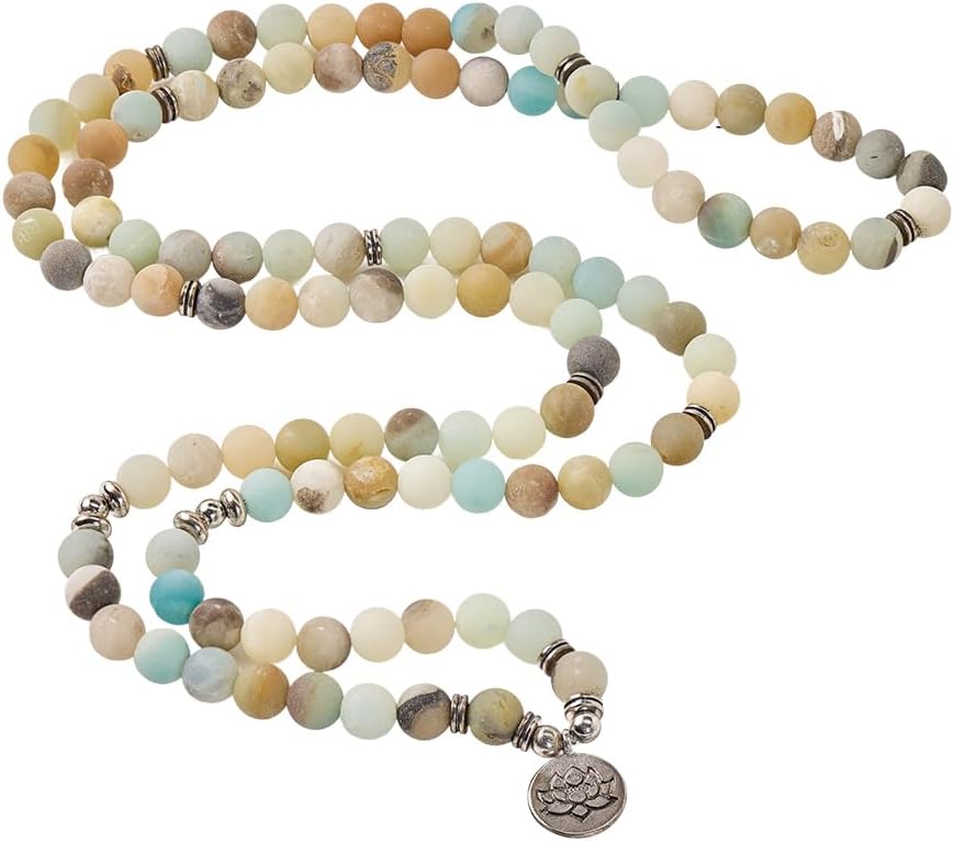 Natural 108 Mala Amazonite Beads Yoga Necklace with Lotus Pendant, Gemstone Beads Wrap Bracelet for Meditation & Mindfulness, Stretch Prayer Beads Necklace for Women & Men, Stress Relief Mother's Day Spiritual Gifts, Includes Gift Box - 6mm