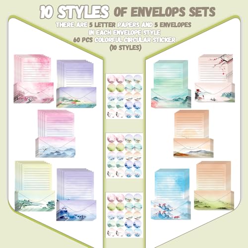 Image of TaoBary 160 Pcs Ink Painting Stationery Paper and Envelopes Set 50 Double Sided Lined Stationery Paper with 50 Matching Envelopes and 60 Round Dot Sticker 8.5 x 11'' Letter Writing Kit, 10design