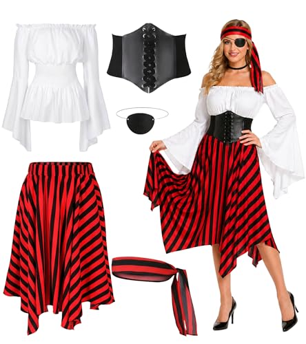 Cosrea Pirate Costume Adult Women Renaissance Shirt Bandana Corset Waist Belt Eye Patch Halloween...