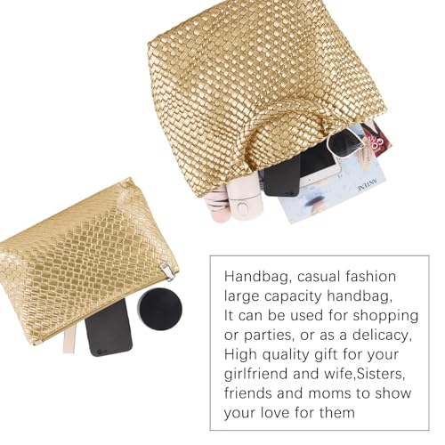 Image of Women's Vegan Leather Tote Bag - Handmade Woven Beach Bag, Travel Handbag with Purse & Top Handle Hobo Tote(Gold)