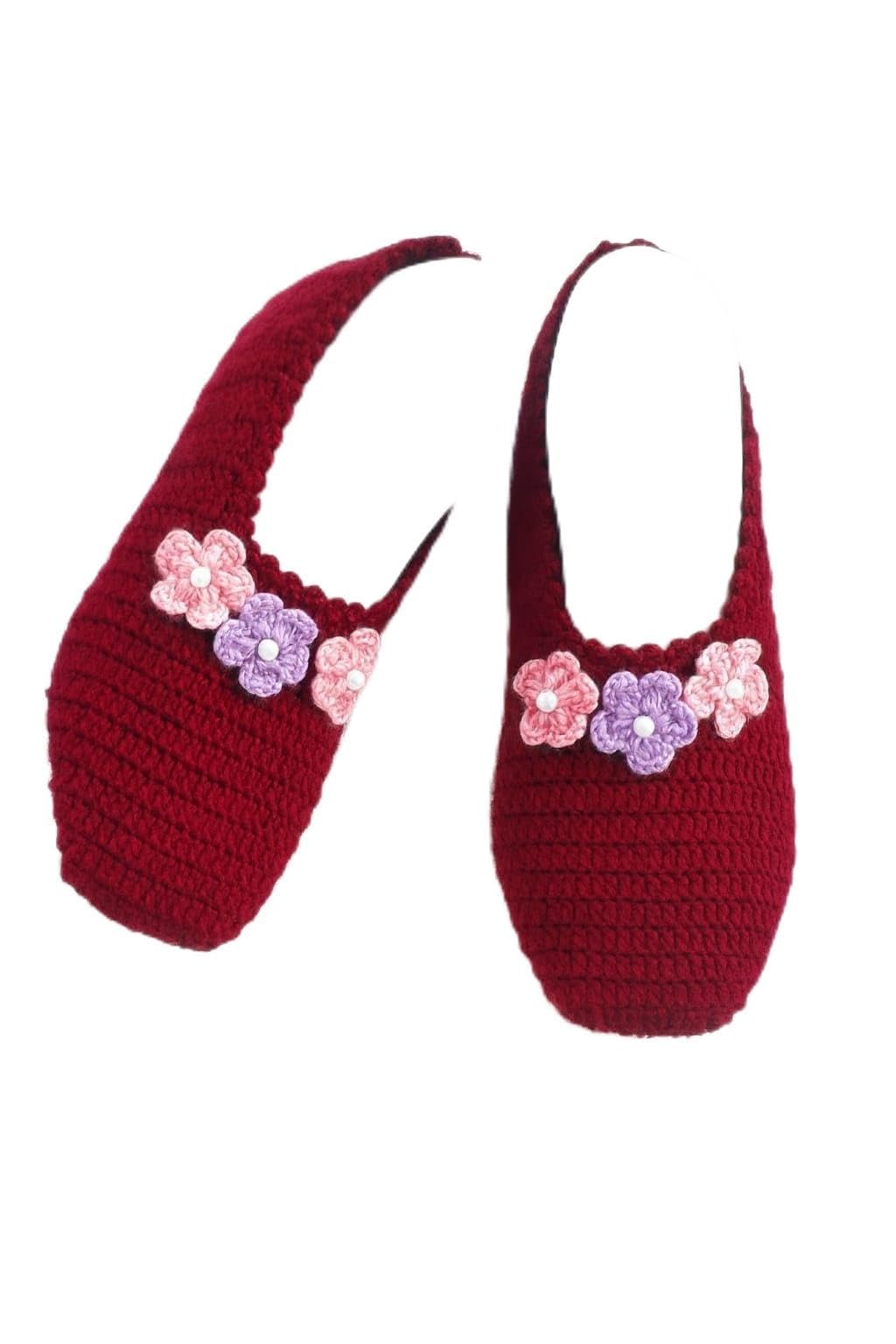 Handmade Crochet Ballet Socks, Burgundy Cotton with Pink and Purple Flowers, Indoor House Shoes-image-43