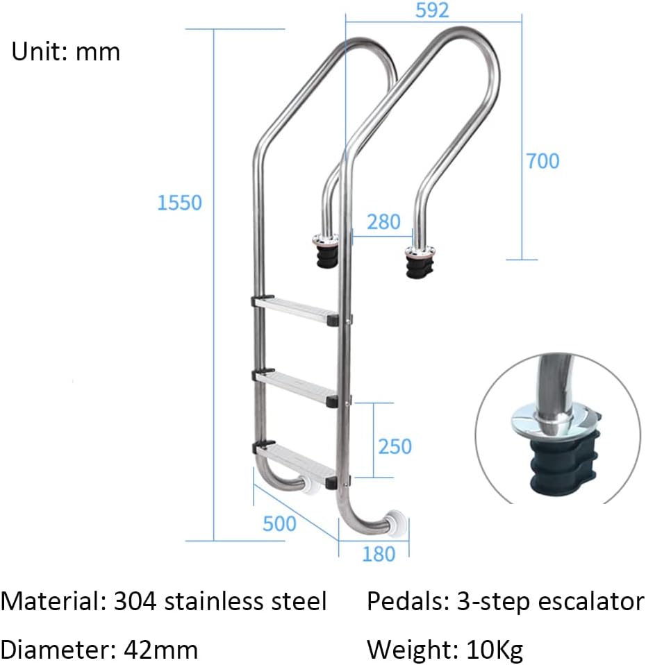Three Tread Stainless Steel Pool Ladder Swimming Pool Ladder Launching Handrail Sturdy Non-Slip,A