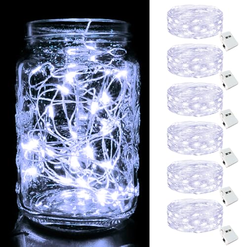 btfarm Guirnalda Luces Pilas [6 Paquete/2M] 20LED Luces LED con Pilas, Impermeable Fairy Lights Cadena Luces a Pilas Lucecitas Decorativas para Interior Decoración Bodas Fiesta - Blanco Frío