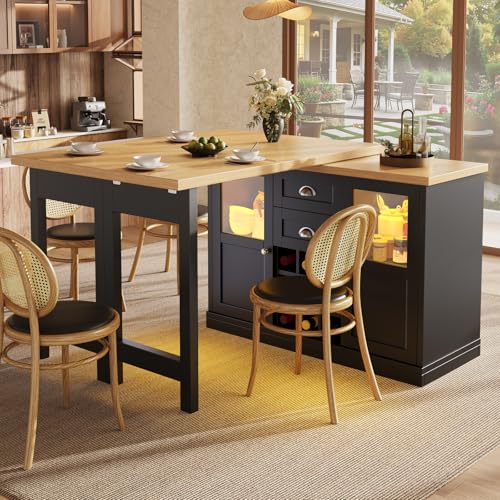 YEHTOKHOME Îlot Central Cuisine avec Rangement et Plan de Travail, Table à Manger Extensible 120-197cm Rotative à 360°, 2 Tiroirs et 2 Portes avec LED, Cave à Vin, Table de Bar(G-Noir)