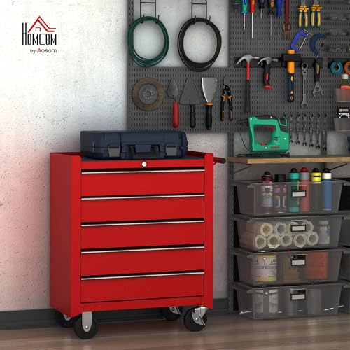 HOMCOM 5 Drawer Tool Box, Lockable Steel Tool Chest on Wheels, Rolling Chest Cabinet with 5 Drawers and Handle for Workshop, Garage, Red 2 HOMCOM 5 Drawer Tool Box, Lockable Steel Tool Chest on Wheels, Rolling Chest Cabinet with 5 Drawers and Handle for Workshop, Garage, Red - Image 2