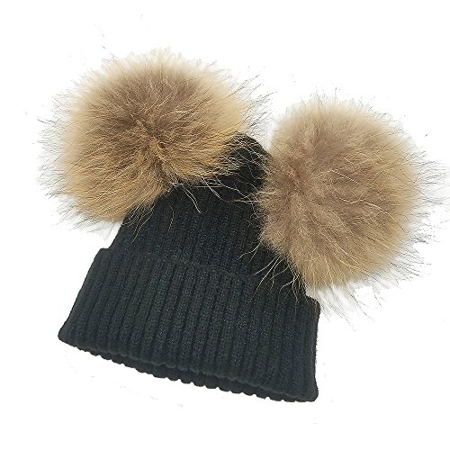 CCZZ Fille/Garcon Hiver Pompom Boule Bonnet tricoté Chaud Laine Chapeau Pompon Detachable en Fourrure Raccoon