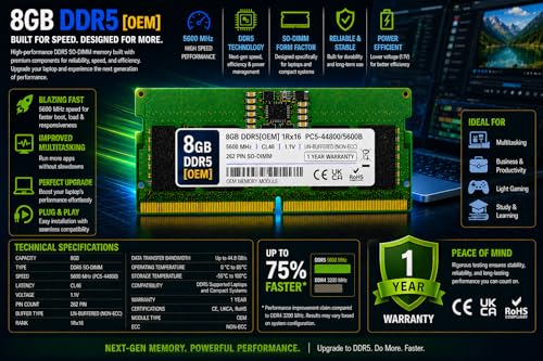 Image of 8GB DDR5 5600MHz OEM Laptop RAM Compatible with Samsung [Key Specs: PC5-44800 /5600B | 262-Pin SO-DIMM | CL46 | 1Rx16 | 1.1V | Non-ECC] | 1 Year Seller Warranty