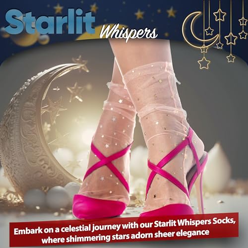 Image of Peach Puff Delight: Women Sheer Slouch Tulle Socks | Shiny Glitter Novelty Decorated Loose Socks with Stars & Moon - Ankle High 1 Pair (US sizes 5-8)