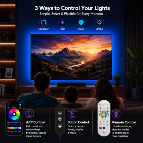 Image of MORIACC LED Lights for TV, 16.4ft TV LED Backlight for 45-75 Inch TVs, Strip Lights with Music Sync, Bluetooth APP and Remote Control, USB Powered for Bedroom Gaming Home Decor