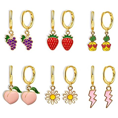 T-ztoss 6 Pairs Handmade Funny Cute Fruits 925 Hoop Dangle Drop Earrings Peach Grape Pineapple Daisy Strawberry Hoop Earrings Sets Statement Jewelry Gifts For Women Girls, Metal, np Cover