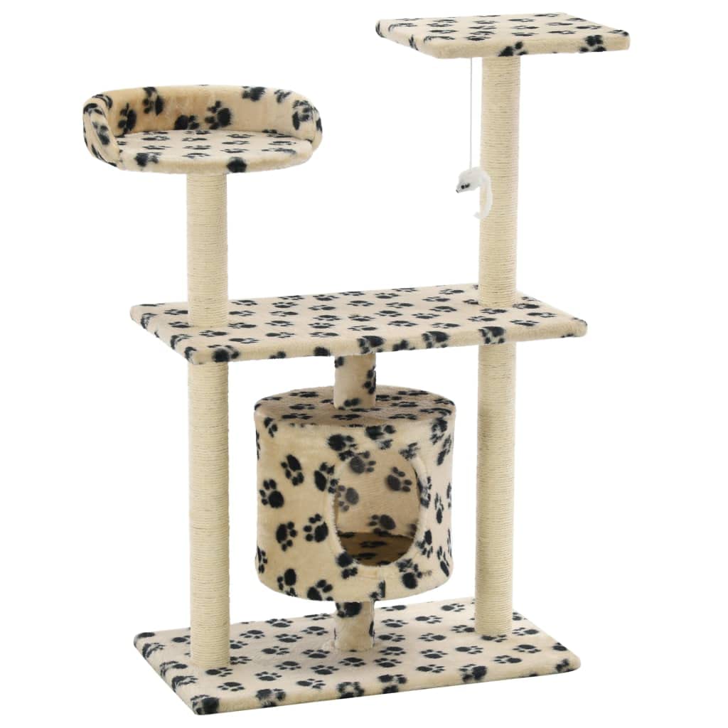 Katzenkratzbaum mit Sisal-Kratzsäulen, 95 cm hoher Kletterbaum für Katzen, Stabiler Katzenbaum mit Katzenhaus, Aussichtsplattformen und Spielzeug, Beige mit Pfoten-Muster