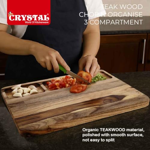 Image of Crystal Teak Wood Chopping Board with 3 Compartments | Chop & Organise | Perfect for Vegetables, Fruits & Bread | Large (35 * 25 * 1.8 Cm) | Handcrafted & Eco-Friendly Reversible Cutting Board