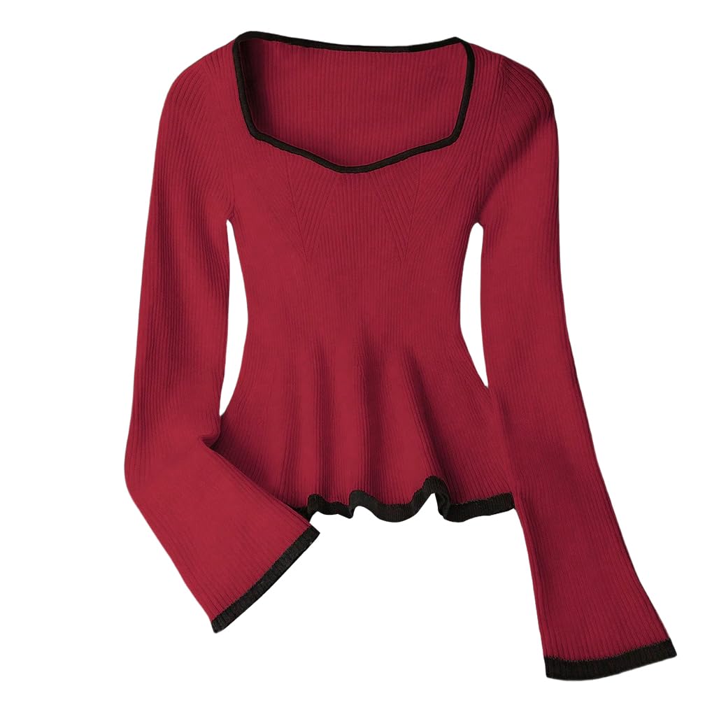 Women Square Neck Contrast Trim Ruffle Hem Sweater Top Y2k Slim Fit Long Sleeve Knitted Pullover Babydoll Shirt